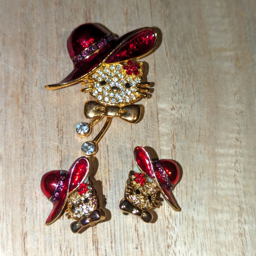 Hello Kitty Red Hat Brooch and Clip on Earrings